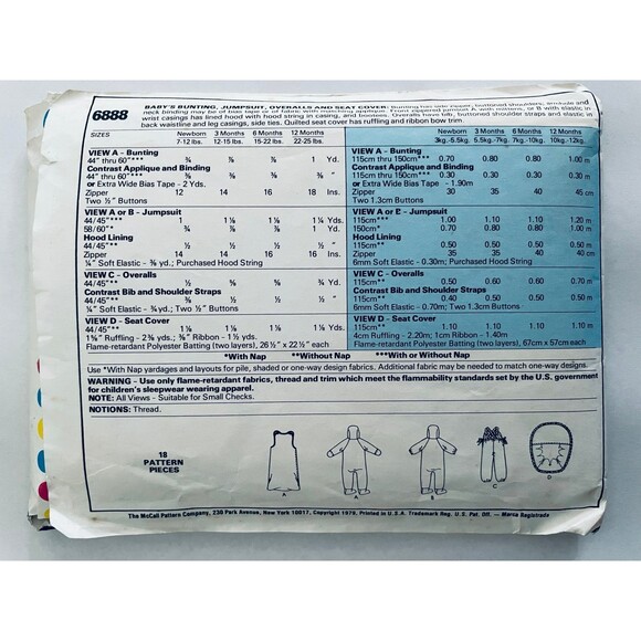 Vintage 70s McCalls 6888 Baby Bunting Jumpsuit Seat Cover Pattern Sz 12 mo CUT. - Picture 2 of 2